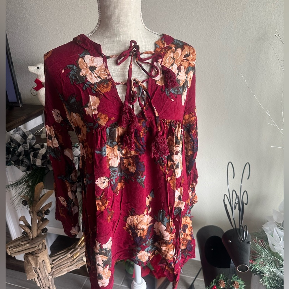 Altar’d State Red Floral Long Sleeve Dress - Size L